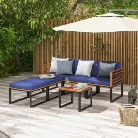 6 Piece Patio Acacia Wood Conversation Sofa Set with Ottomans and Coffee Table-Navy