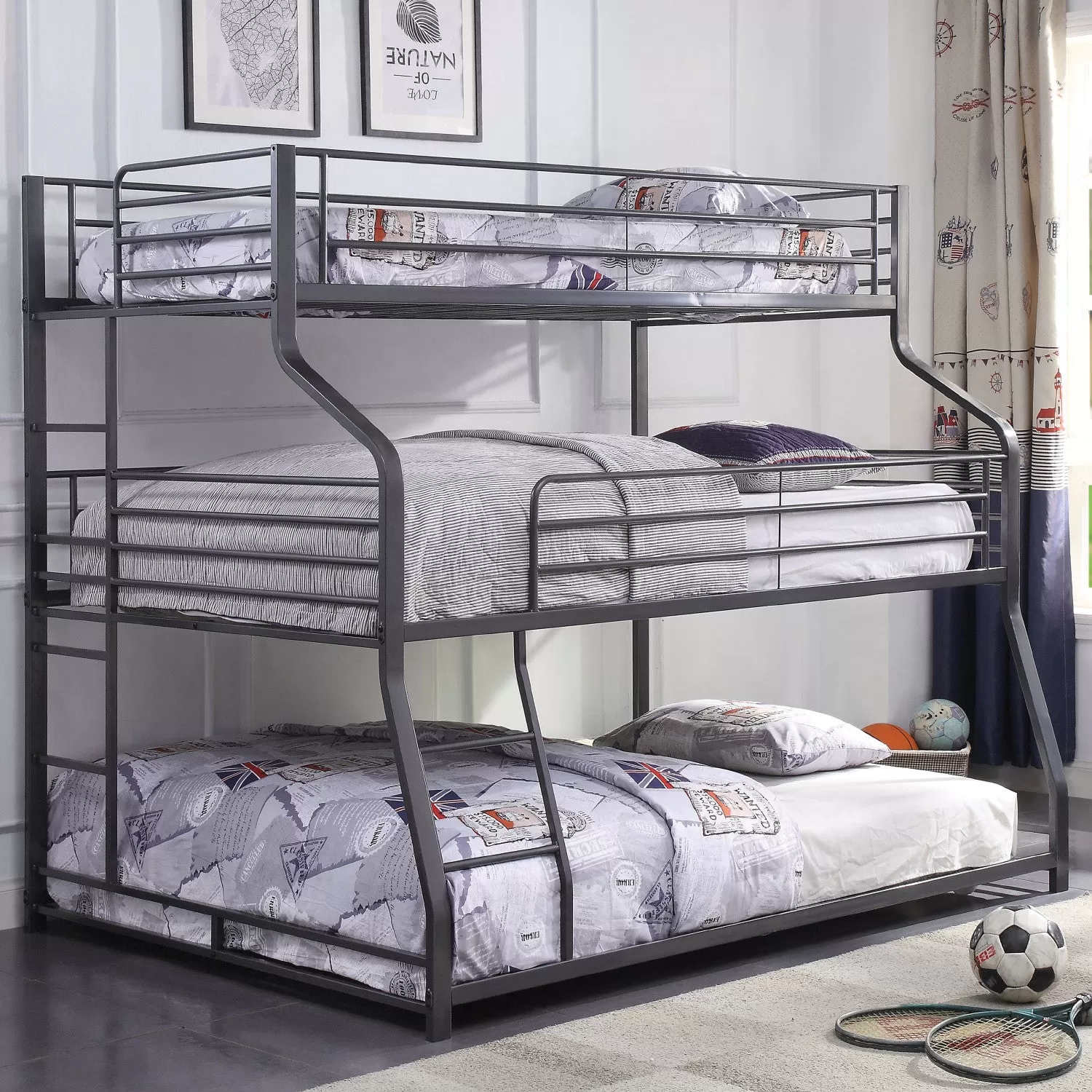 62 X 83 X 74 Gunmetal Metal Triple Bunk Bed  Twinfullqueen