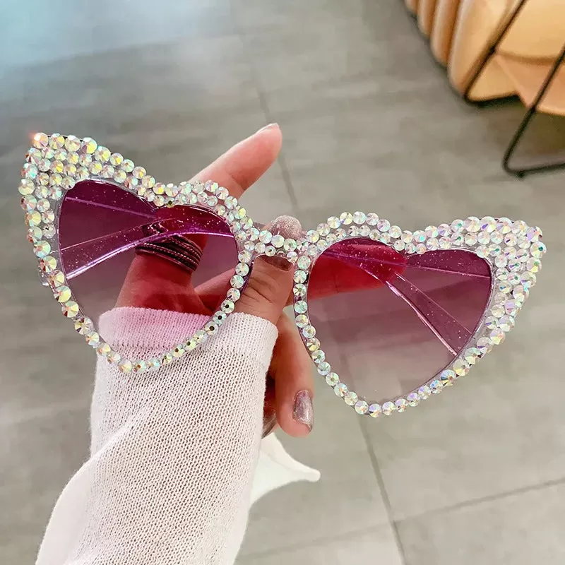 Ashore Shop Women New Luxury Diamond Sunglasses Large Heart Shape Ultraviolet Sun Glasses for Ladies Unisex Large Frame Hip Hop Eyewear