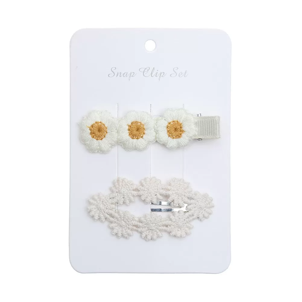 Baby Girl Floral Embroidered Snap Hair Clip Set in White