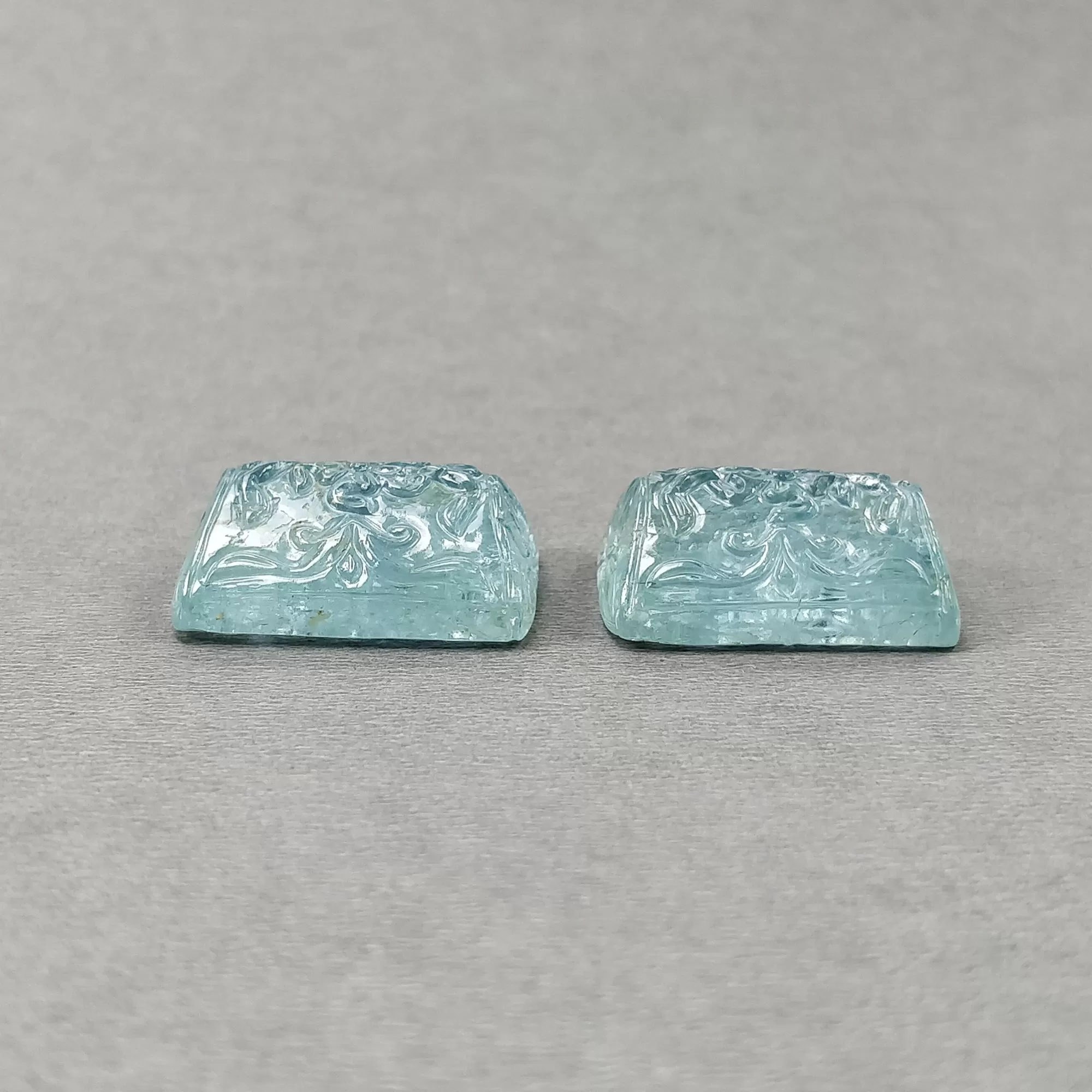 BLUE AQUAMARINE Gemstone Carving : 74.70cts Natural Untreated Milky Aqua Both Side Hand Carved Cushion Shape 24*20mm Pair