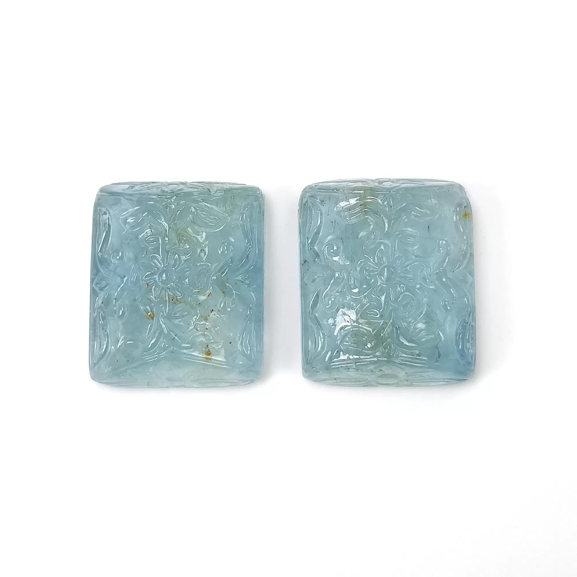 BLUE AQUAMARINE Gemstone Carving : 74.70cts Natural Untreated Milky Aqua Both Side Hand Carved Cushion Shape 24*20mm Pair