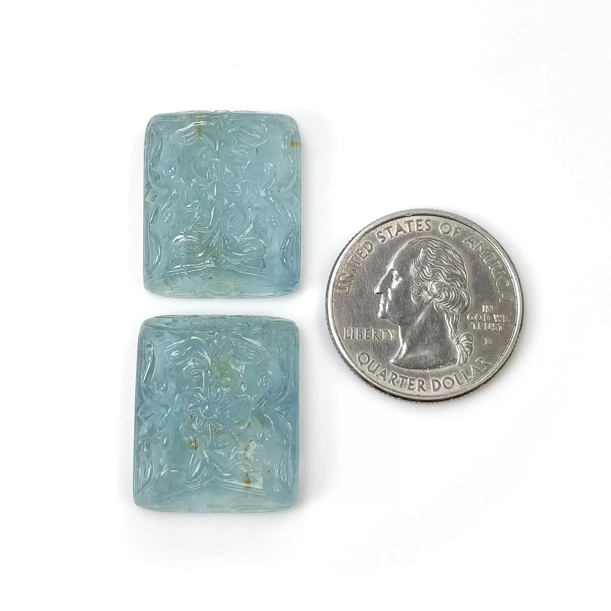 BLUE AQUAMARINE Gemstone Carving : 74.70cts Natural Untreated Milky Aqua Both Side Hand Carved Cushion Shape 24*20mm Pair