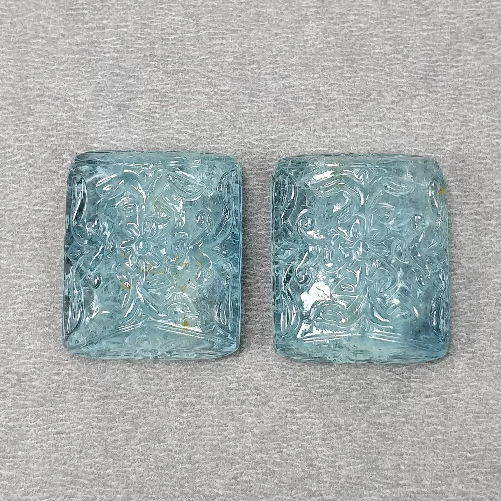 BLUE AQUAMARINE Gemstone Carving : 74.70cts Natural Untreated Milky Aqua Both Side Hand Carved Cushion Shape 24*20mm Pair