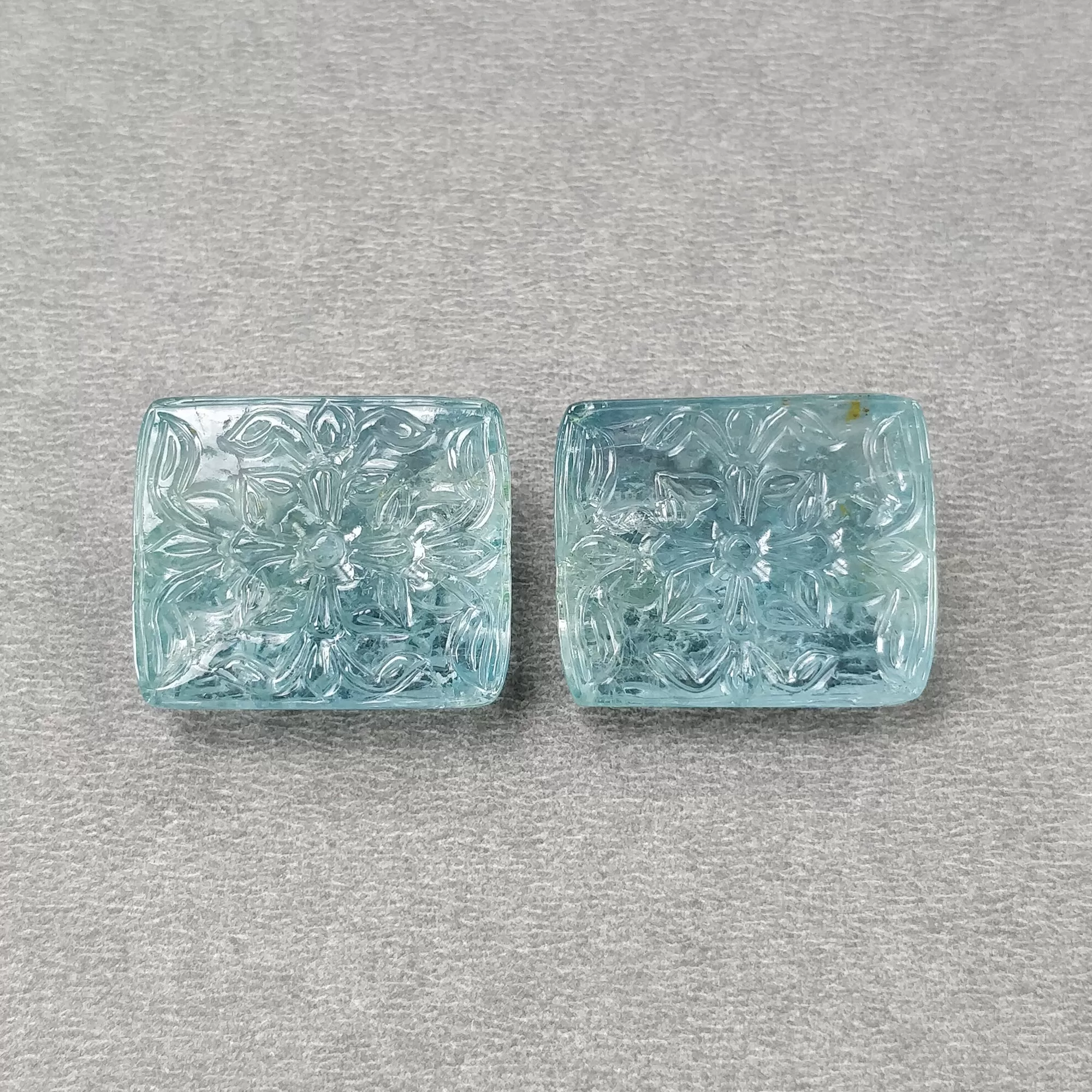 BLUE AQUAMARINE Gemstone Carving : 74.70cts Natural Untreated Milky Aqua Both Side Hand Carved Cushion Shape 24*20mm Pair