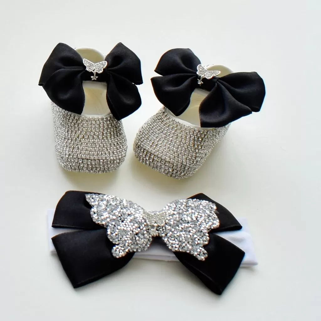 Butterfly Satin Bow Baby Girl Swarovski Shoes