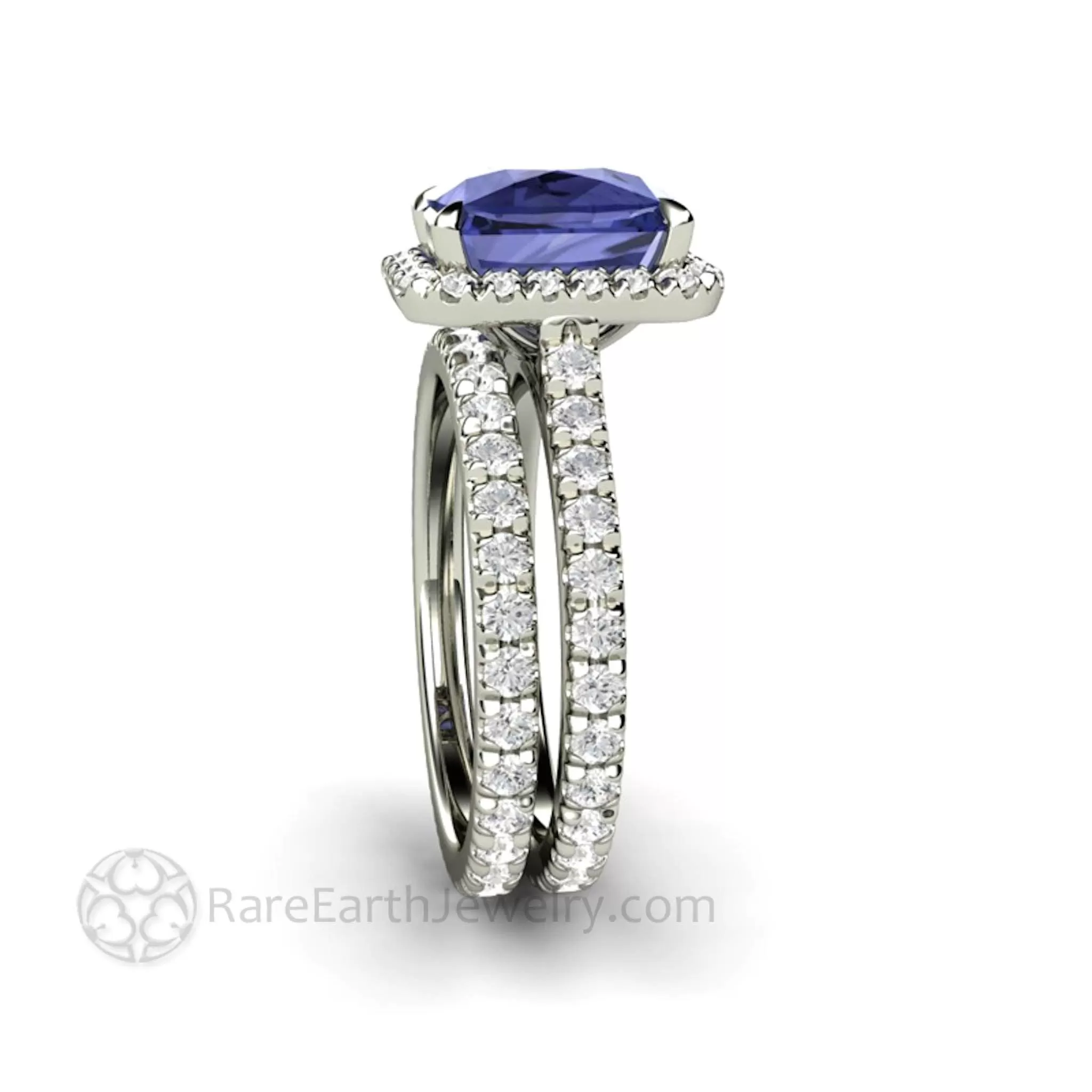 Cushion Cut Tanzanite Engagement Ring French Pave Diamond Halo