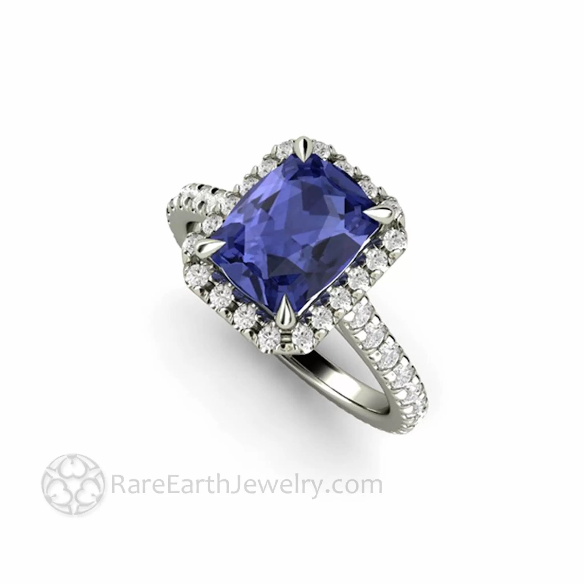 Cushion Cut Tanzanite Engagement Ring French Pave Diamond Halo