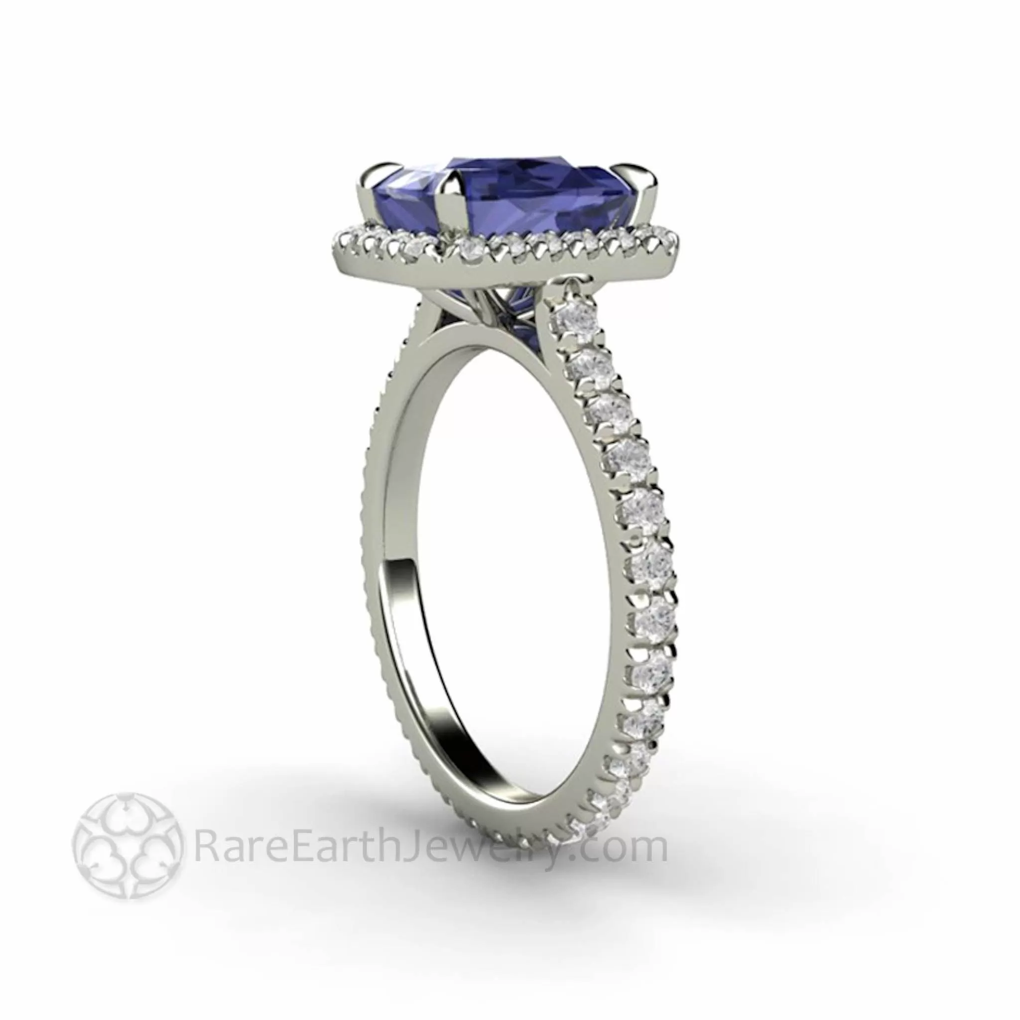 Cushion Cut Tanzanite Engagement Ring French Pave Diamond Halo