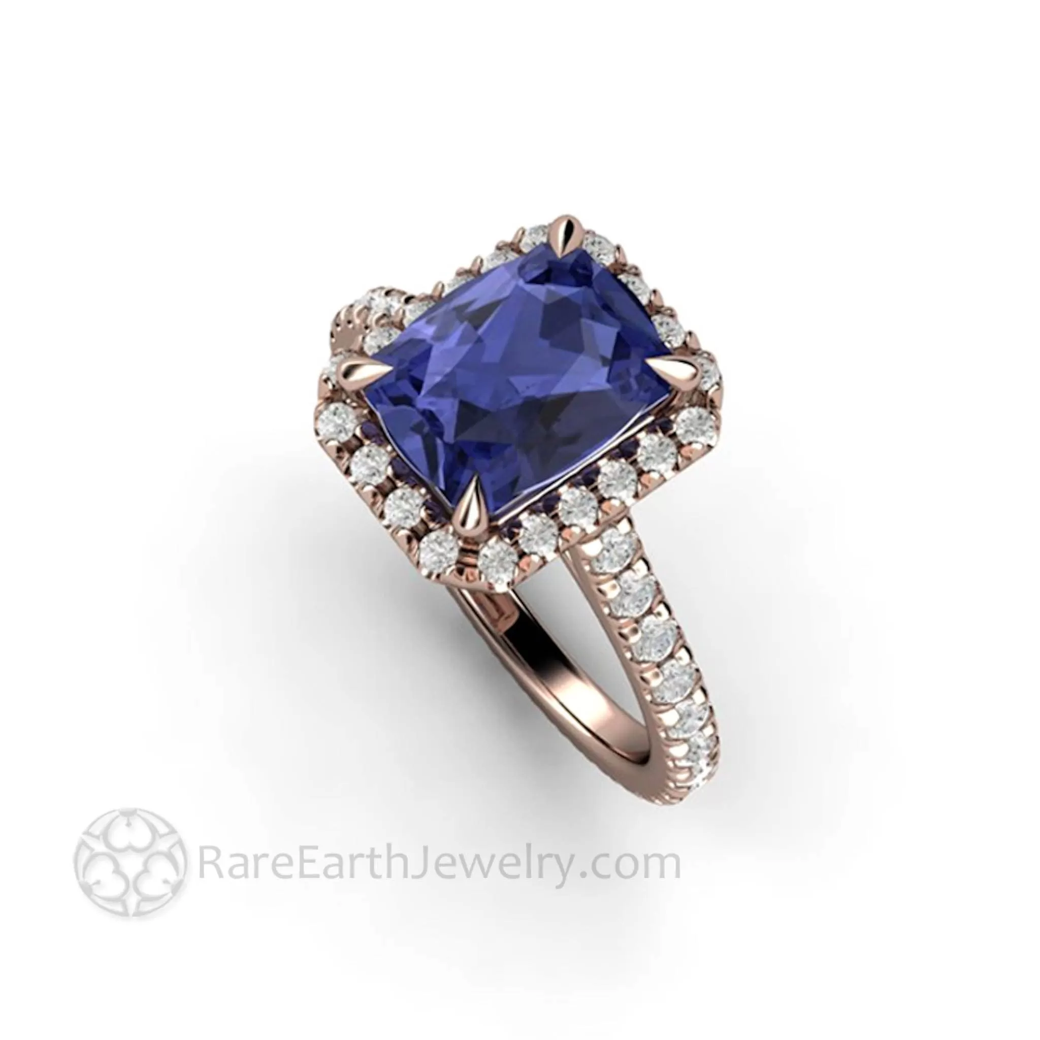 Cushion Cut Tanzanite Engagement Ring French Pave Diamond Halo