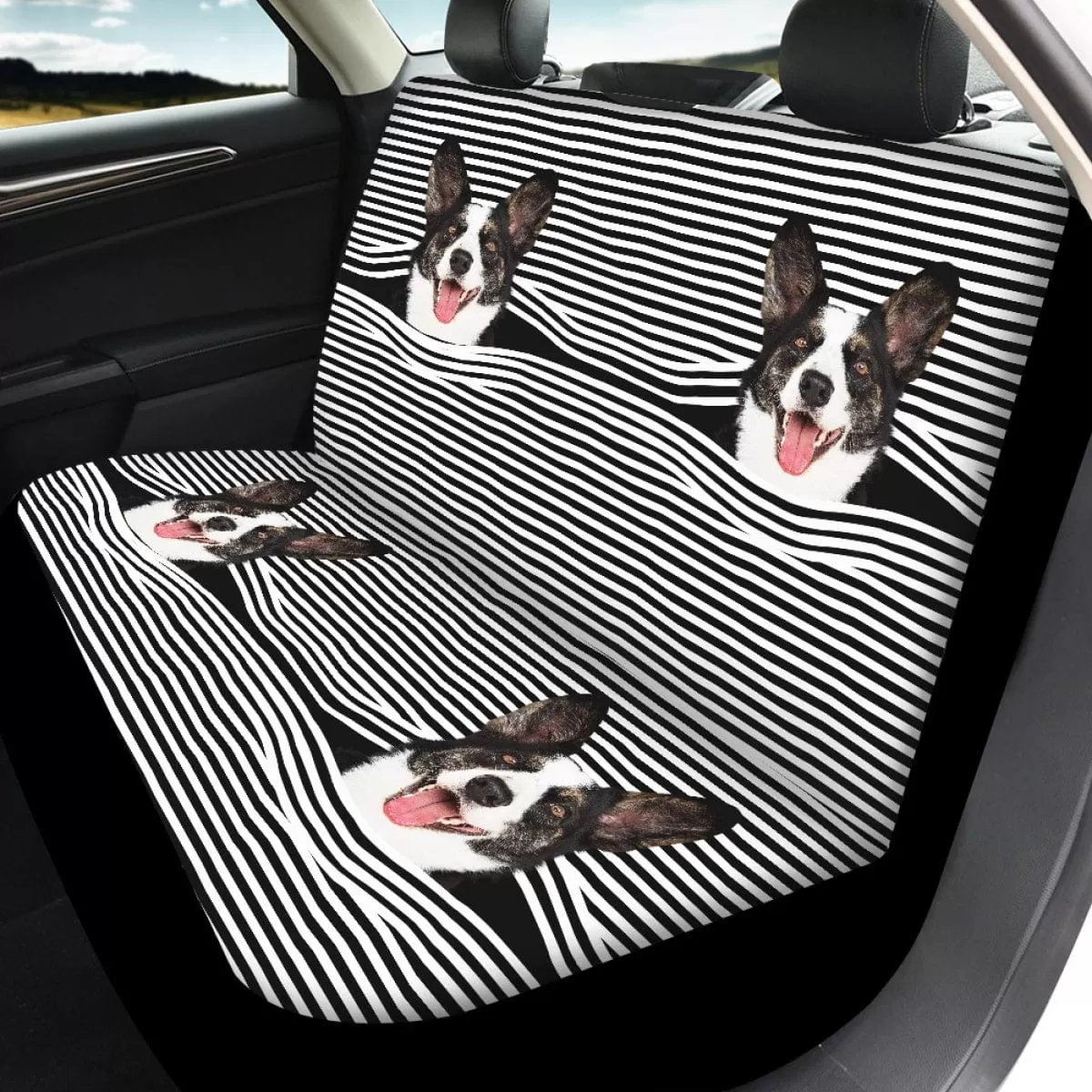 Custom Pet Face Stripe Car Accessories Set Car Seat Covers Set of 4 Steering Wheel Cover Car Floor Mats Car Shift Knob Cover&Hand Brake Cover Seat Belt Pads