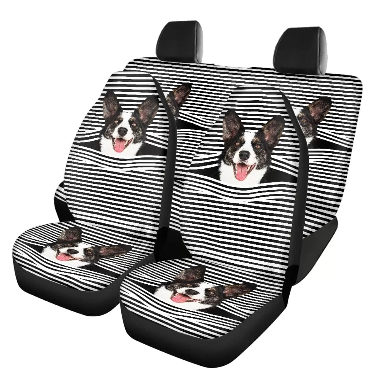 Custom Pet Face Stripe Car Accessories Set Car Seat Covers Set of 4 Steering Wheel Cover Car Floor Mats Car Shift Knob Cover&Hand Brake Cover Seat Belt Pads