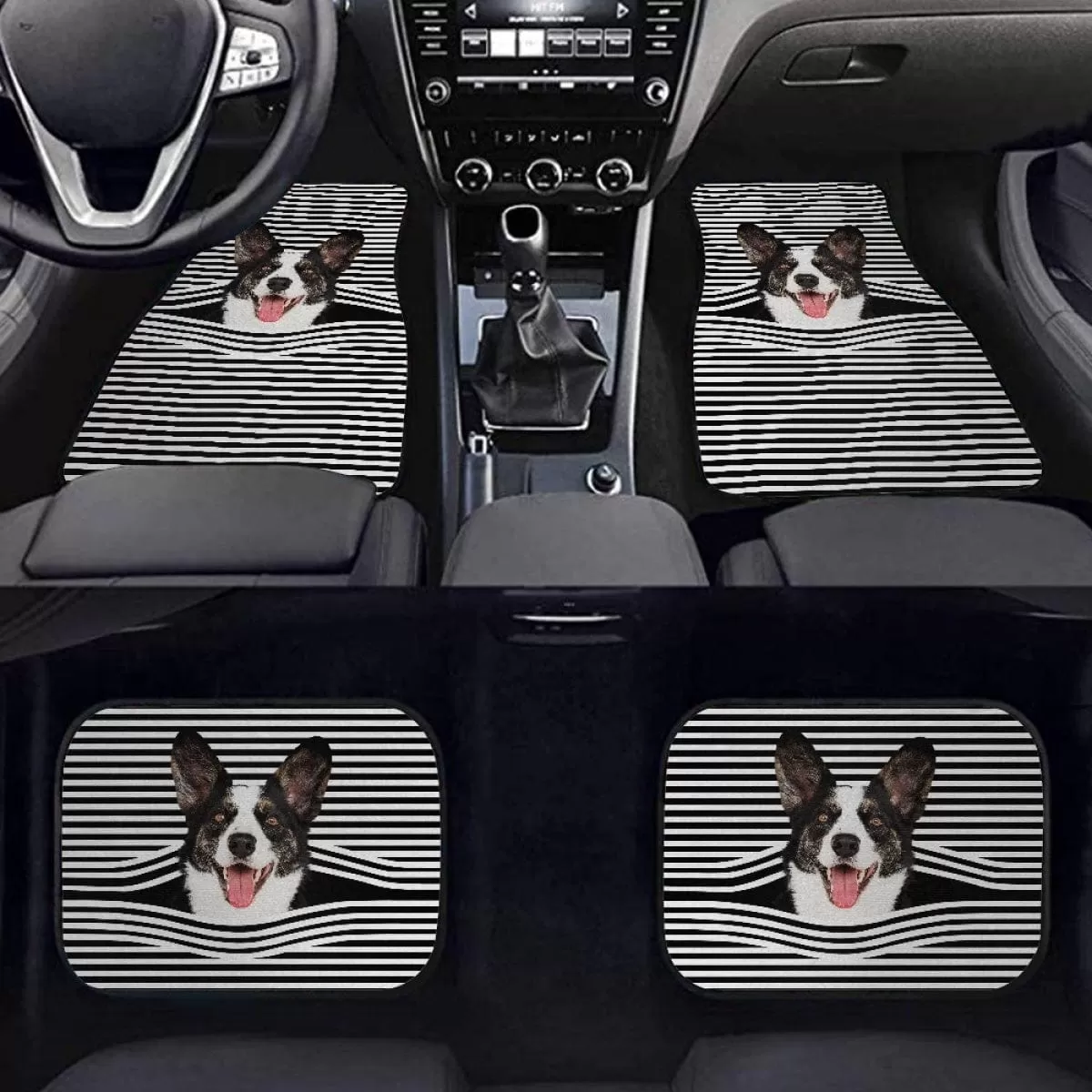 Custom Pet Face Stripe Car Accessories Set Car Seat Covers Set of 4 Steering Wheel Cover Car Floor Mats Car Shift Knob Cover&Hand Brake Cover Seat Belt Pads