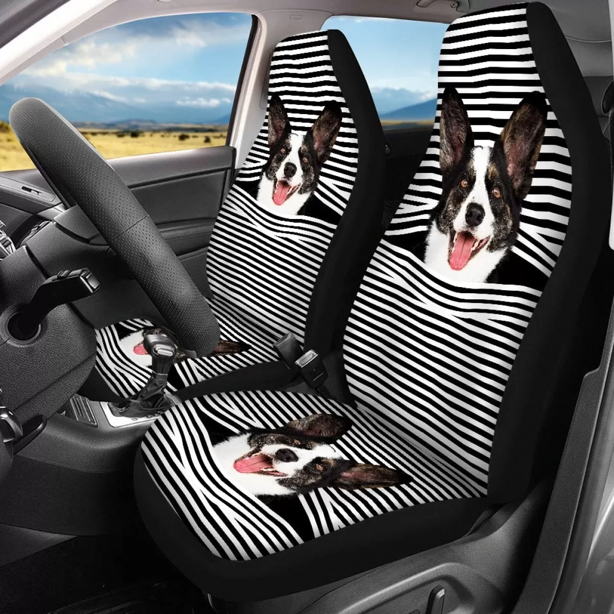 Custom Pet Face Stripe Car Accessories Set Car Seat Covers Set of 4 Steering Wheel Cover Car Floor Mats Car Shift Knob Cover&Hand Brake Cover Seat Belt Pads