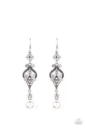 Elegantly Extravagant Ornate Silver and White Pearl Earrings - Paparazzi Accessories