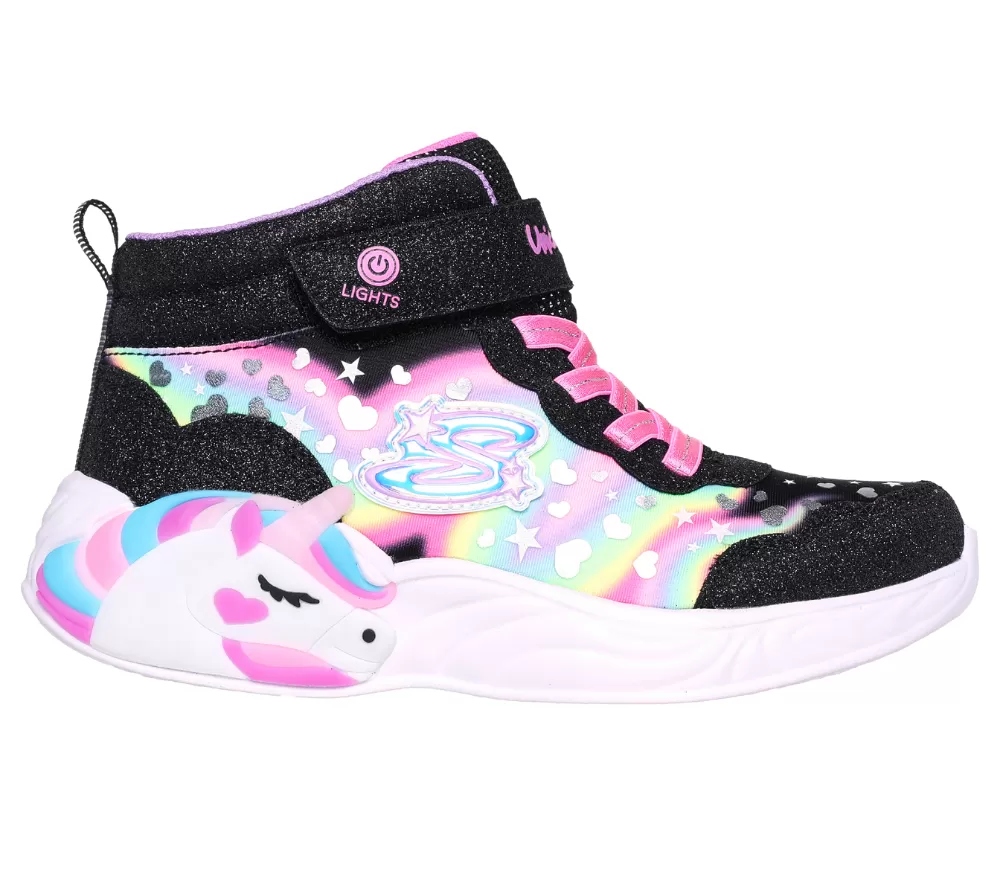 Ghete sport, fete, SKECHERS S-LIGHTS UNICORN DREAMS MAGICAL DREAMER 302332L-BKMT negru, piele ecologica