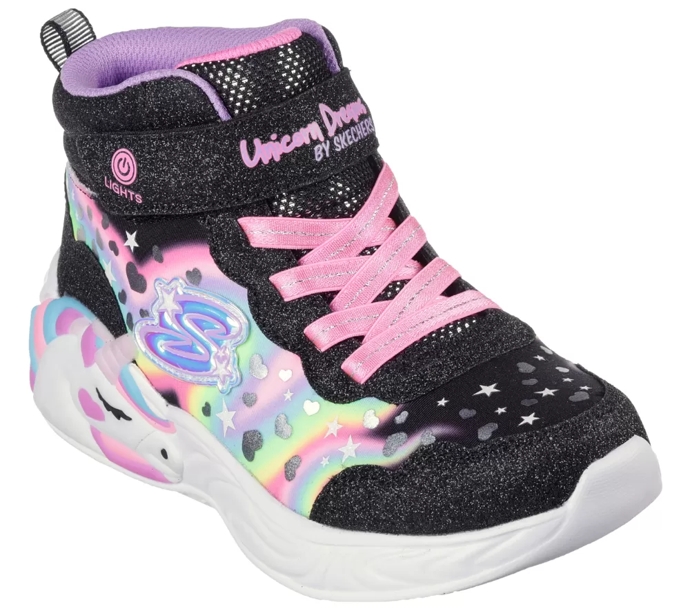 Ghete sport, fete, SKECHERS S-LIGHTS UNICORN DREAMS MAGICAL DREAMER 302332L-BKMT negru, piele ecologica