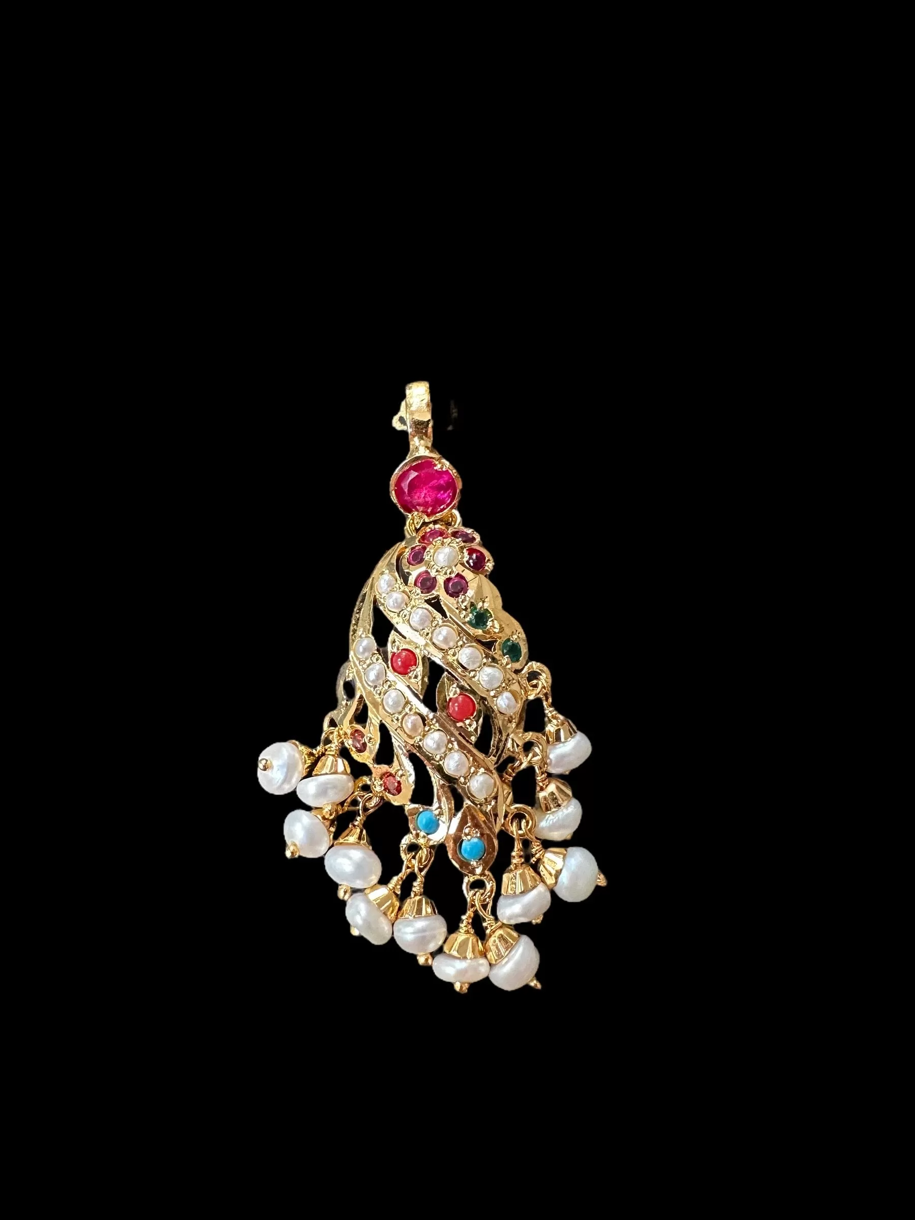 Gold plated jadau silver pendant set in navratan   ( READY TO SHIP )