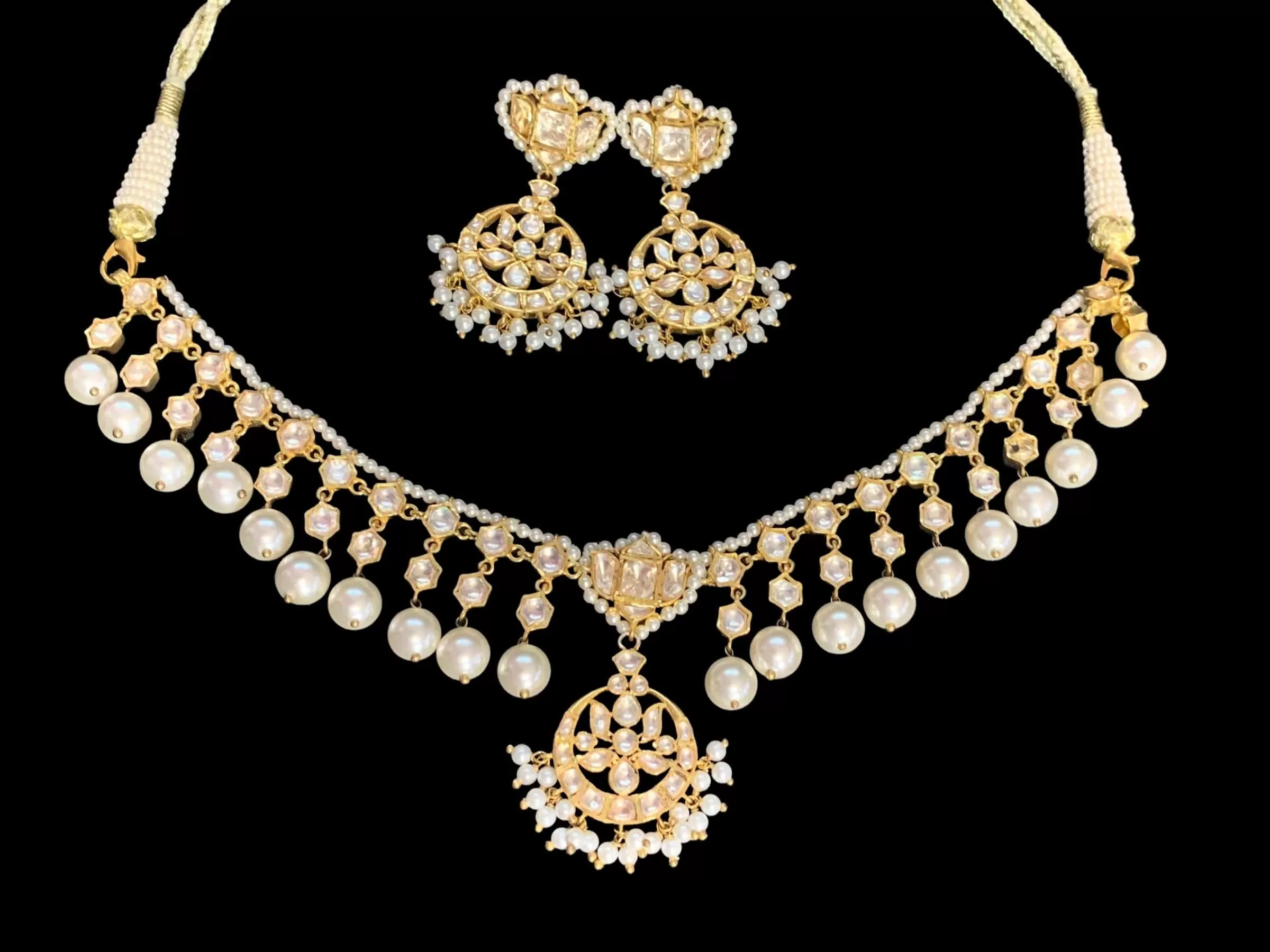 Gold plated silver moissanite and pearl necklace set