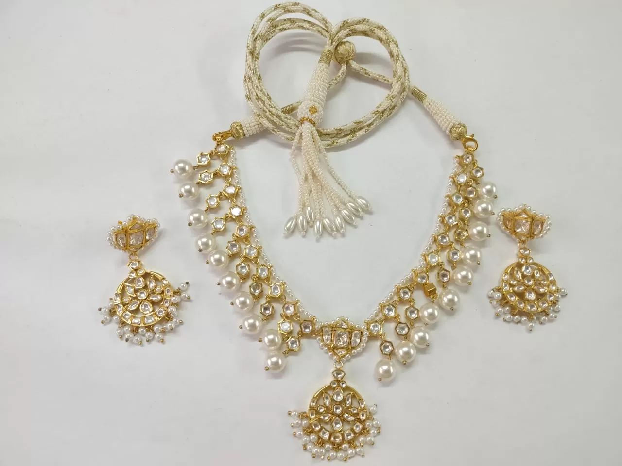 Gold plated silver moissanite and pearl necklace set