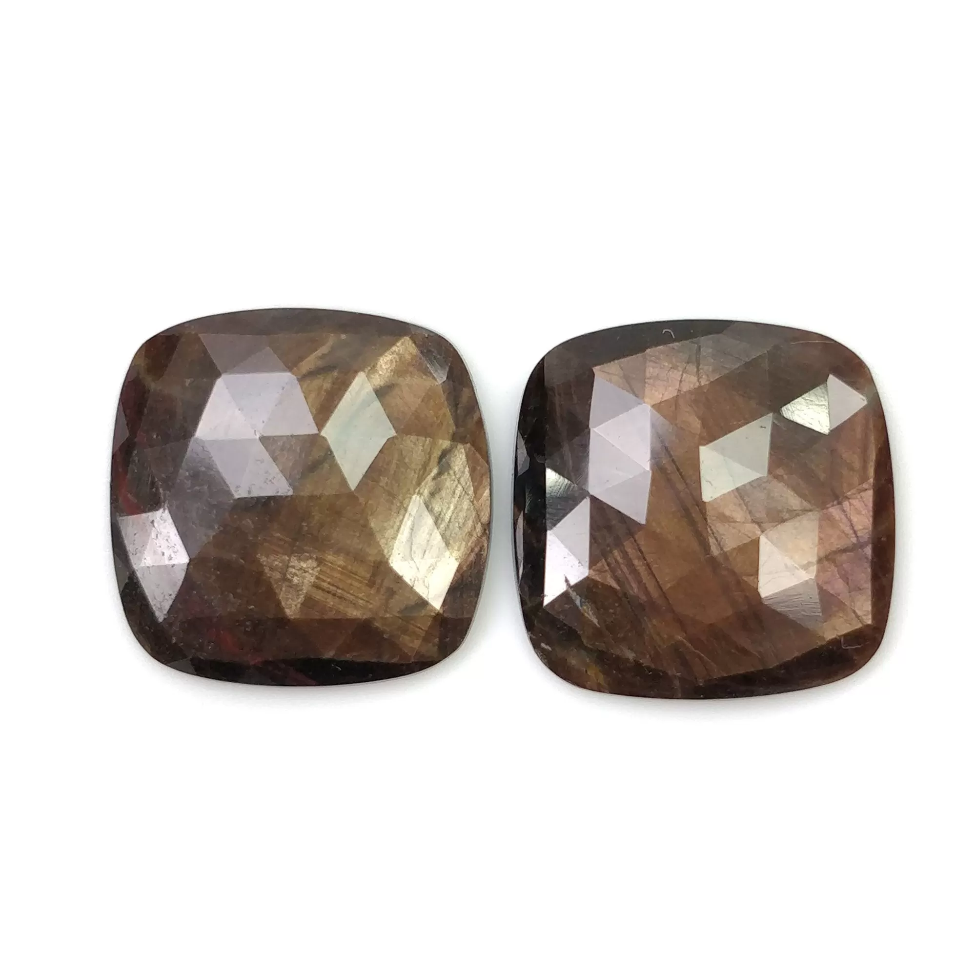 Golden Brown Chocolate Sheen SAPPHIRE Gemstone Rose Cut : 23.60cts Natural Untreated Sapphire Cushion Shape 16.5mm Pair (With Video)