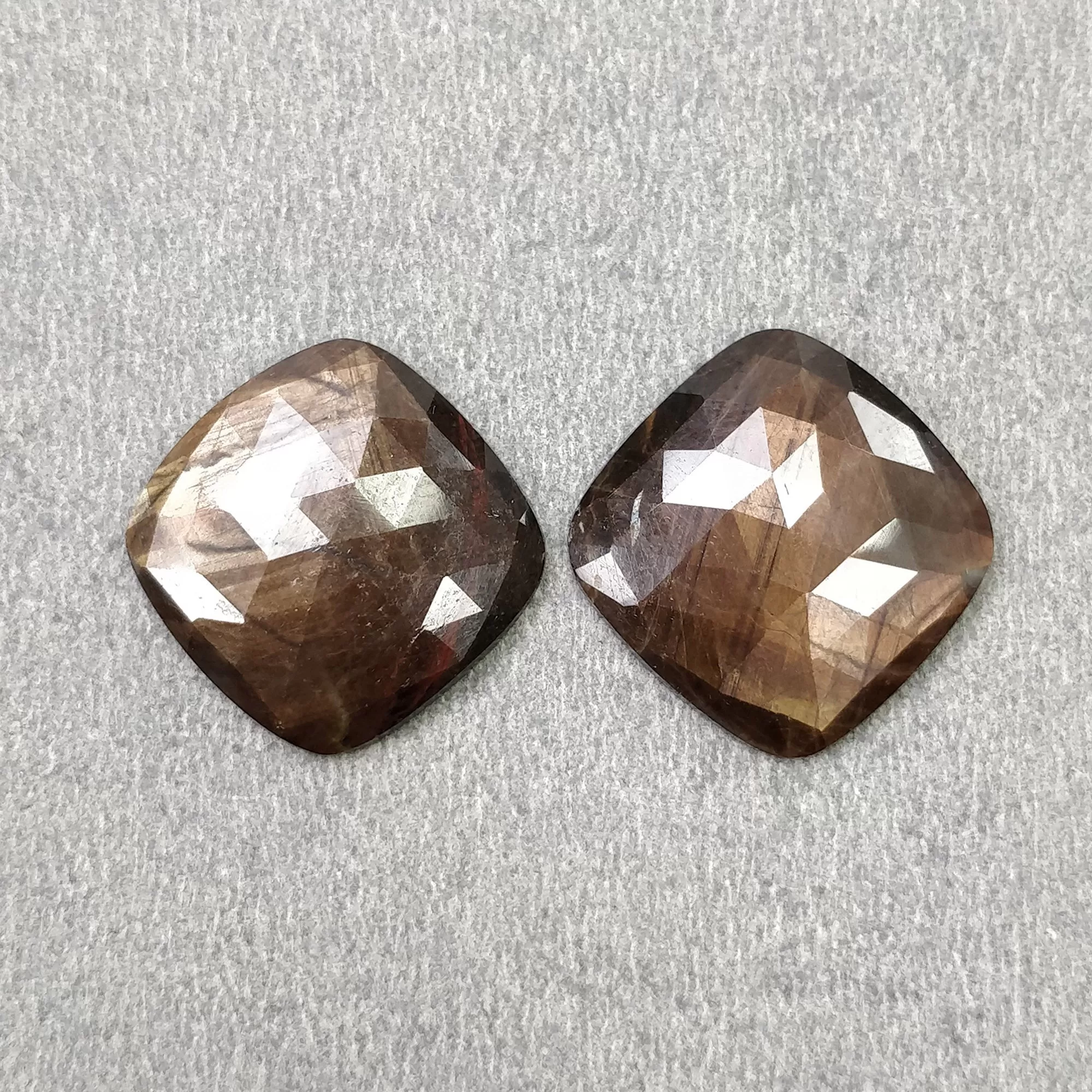 Golden Brown Chocolate Sheen SAPPHIRE Gemstone Rose Cut : 23.60cts Natural Untreated Sapphire Cushion Shape 16.5mm Pair (With Video)