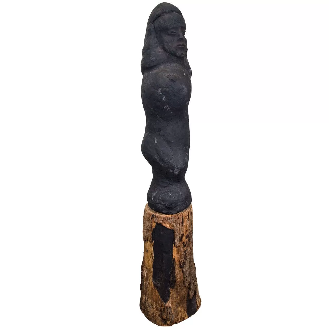 Japanese Mid-century Modern Black Goddess Sculpture on a Tree Trunk Base