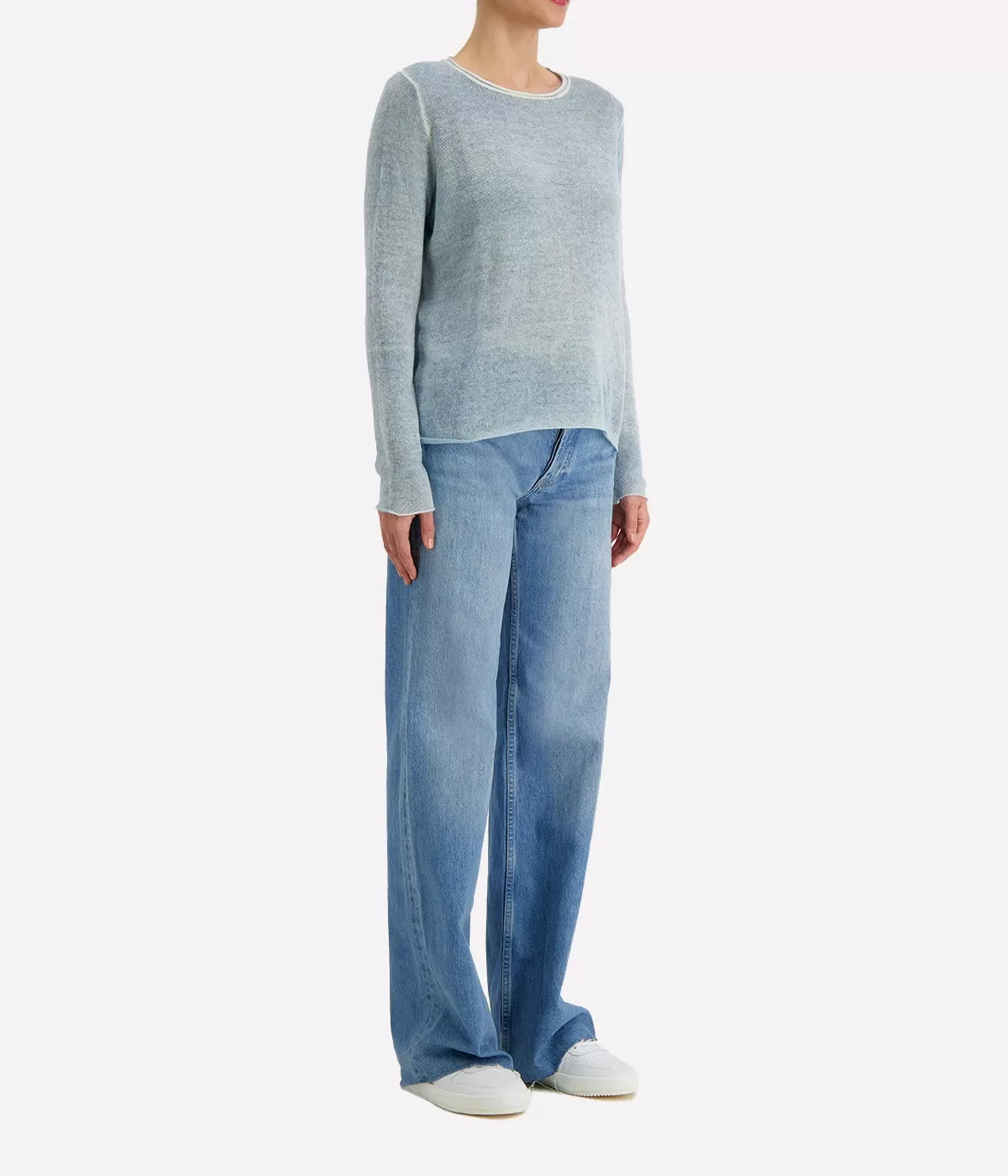 Light Cashmere Off Gauge Round Neck Pullover in Water