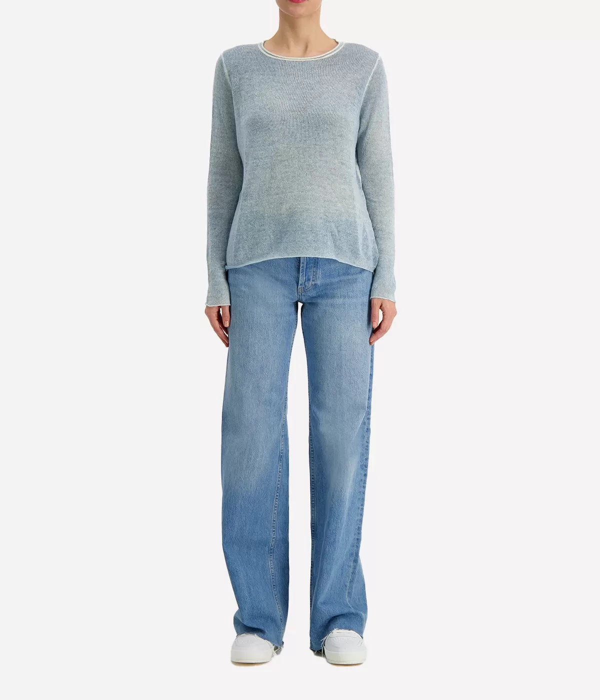 Light Cashmere Off Gauge Round Neck Pullover in Water