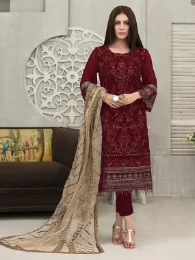 Odette Women Red Women Embroidered Semi Stitched Slawar Suit Set