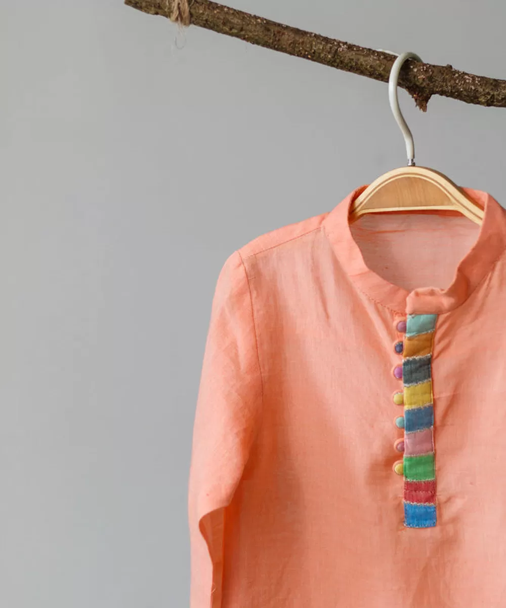 Orange handwoven cotton mandarin collar kurta