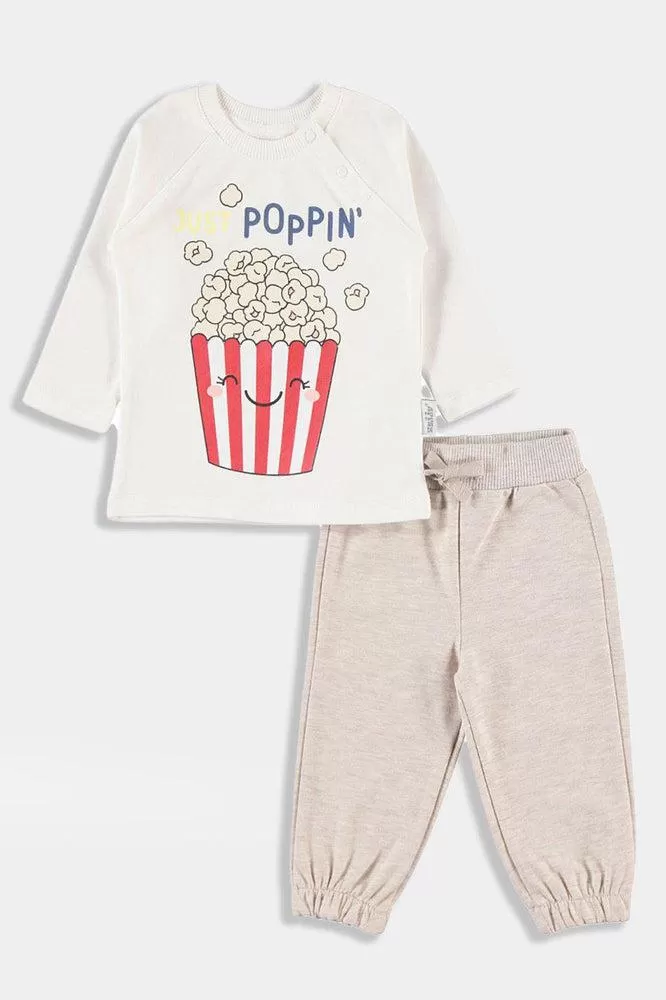 Popcorn Print Cream Baby Girl Lounge Set