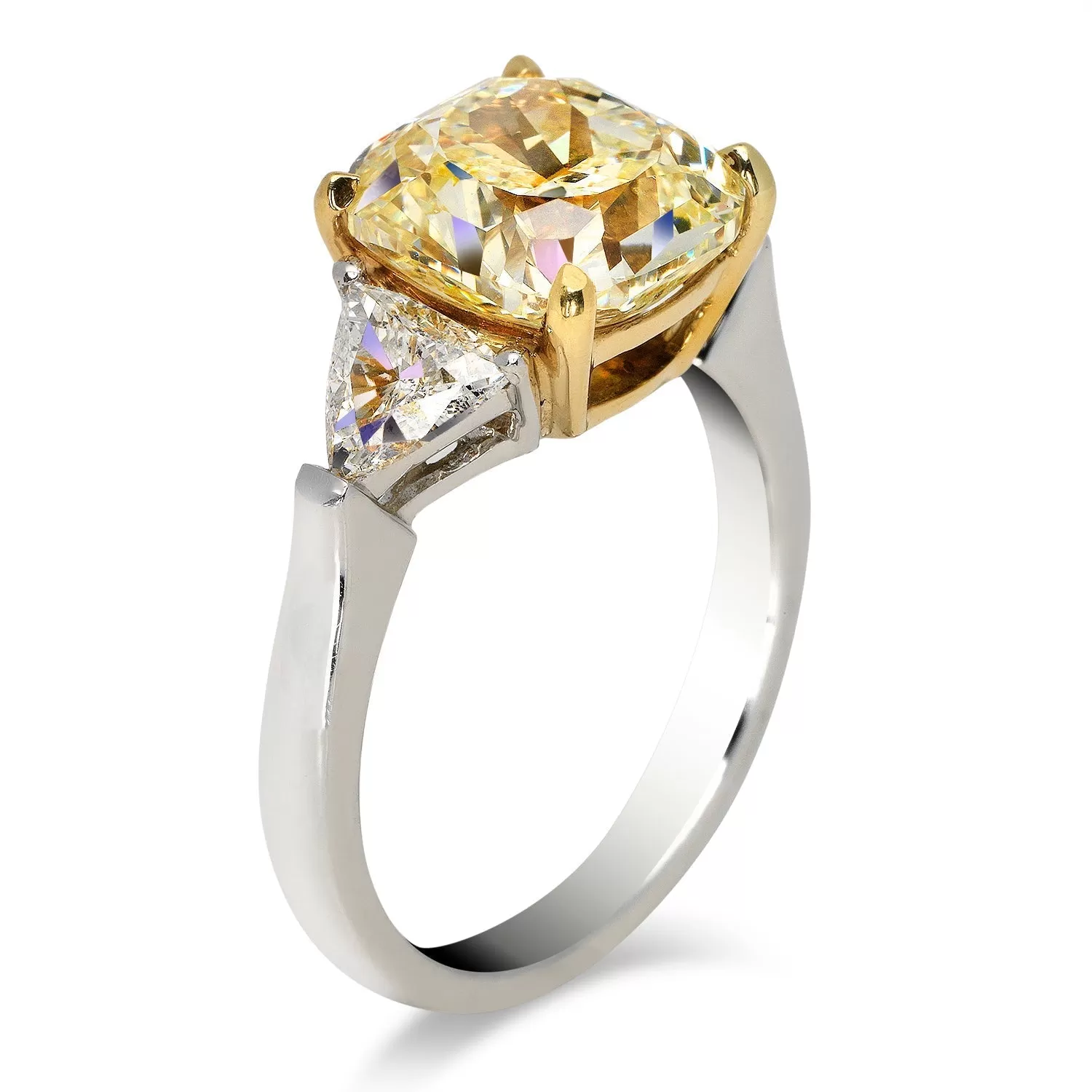 TOHIL 5 CARAT CUSHION CUT  TREE STONE NATURAL FANCY YELLOW DIAMOND ENGAGEMENT RING PLATINUM & 18K GOLD CERTIFIED 4 CT VS1 BY MIKE NEKTA