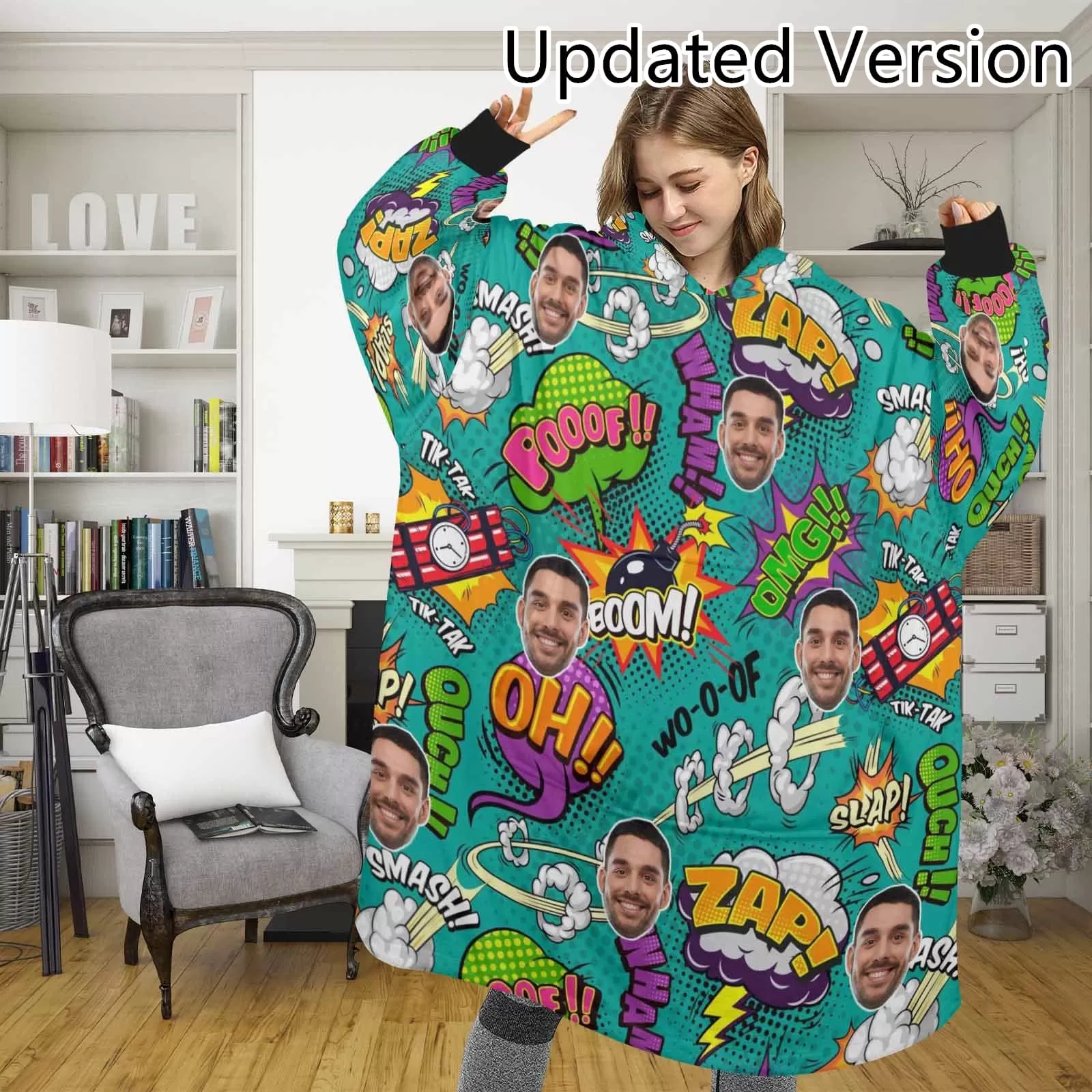 Wearable Blanket Hoodie Custom Face Bomb Funny Blanket Hoodie for Women Personalized Oversized Hoodie Fleece Blanket Photo Gifts